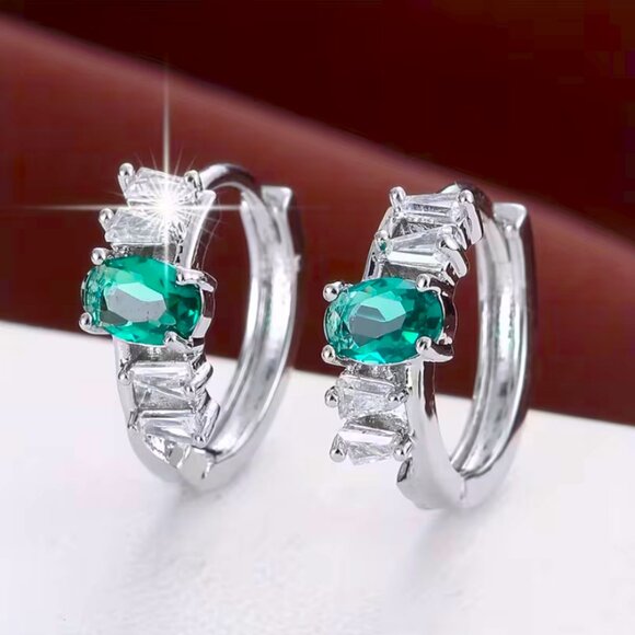 925 Silver Womens 1ct Diamond 2ct Green Emerald Gemstone Small Hoop Earrings NEW - Picture 1 of 4